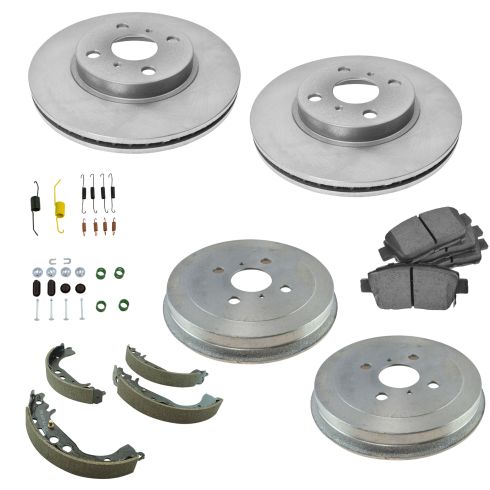 04-06 Scion xA; xB Front & Rear Ceramic Brake Pad Shoe Drum, Hardware, & Rotor Kit (7 Piece Set)