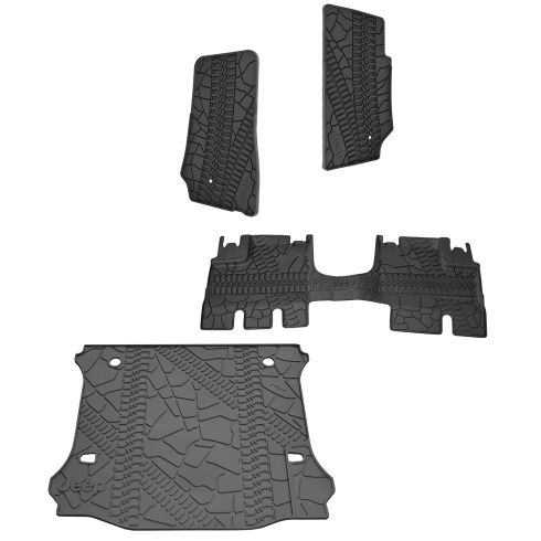 07-15 Jeep Wrangler 4 Door Unlimited Front, Rear, & Cargo Molded Black Rubber Floor Mat Set (MOPAR)
