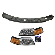 99-04 Ford Mustang Headlight w/Chrome Bezel Pair & 1 Piece Wiper Cowl Grille Set