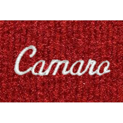 74-81 Chevy Camaro Flame Red Cutpile Frt & Rr Floor Mat w/Metallic Silver ~Camaro~ Script (Set of 4)