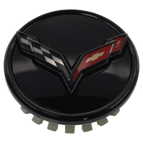 14-16 Chevy Corvette Stingray All Gloss Black ~Cross-Flag~ Logoed Wheel Center Cap (GM)
