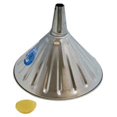 Funnel King: 4 Qt Fluted Galvanized Funnel w/50 Grit Removeable Mesh Screen & 12 Inch Center Spout