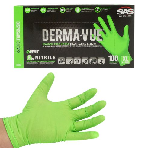 DERMA-VUE: Powder-Free, Fully Textured HI VIZ GREEN Nitrile, NON LATEX 6 MIL Gloves (100/BOX) (XLRG)