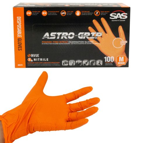 ASTRO-GRIP: Pwdr-Free, Embossed Grip Txt HI VIZ ORANGE Nitrile, NON LATEX 7 MIL Gloves (100/BOX) (M)