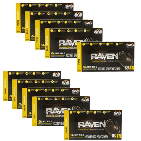 RAVEN: Powder-Free, Exam Grade, Fully Textued BLACK Nitrile NON LATEX 6 MIL Gloves 10 Box Kit (L)