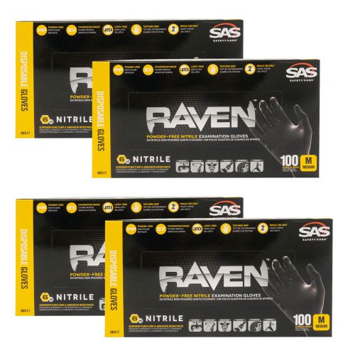 RAVEN: Powder-Free, Exam Grade, Fully Textued BLACK Nitrile NON LATEX 6 MIL Gloves 4 Box Kit (M)