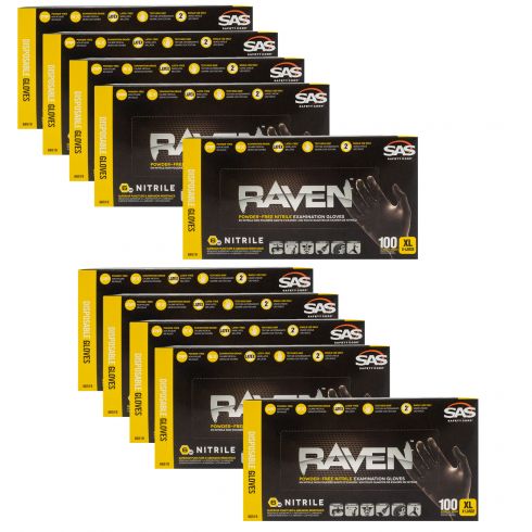 RAVEN: Powder-Free, Exam Grade, Fully Textued BLACK Nitrile NON LATEX 6 MIL Gloves 10 Box Kir (XL)