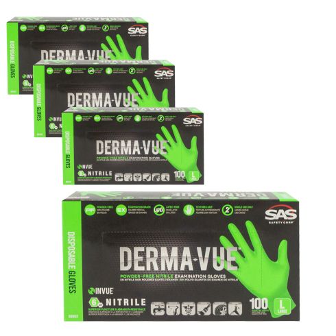 DERMA-VUE: Powder-Free, Fully Textured HI VIZ GREEN Nitrile, NON LATEX 6 MIL Gloves 4 Box Kit (LRG)