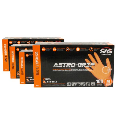 ASTRO-GRIP: Pwdr-Free, Embossed Grip Txt HI VIZ ORANGE Nitrile, NON LATEX 7 MIL Gloves 4 Box Kit (M)